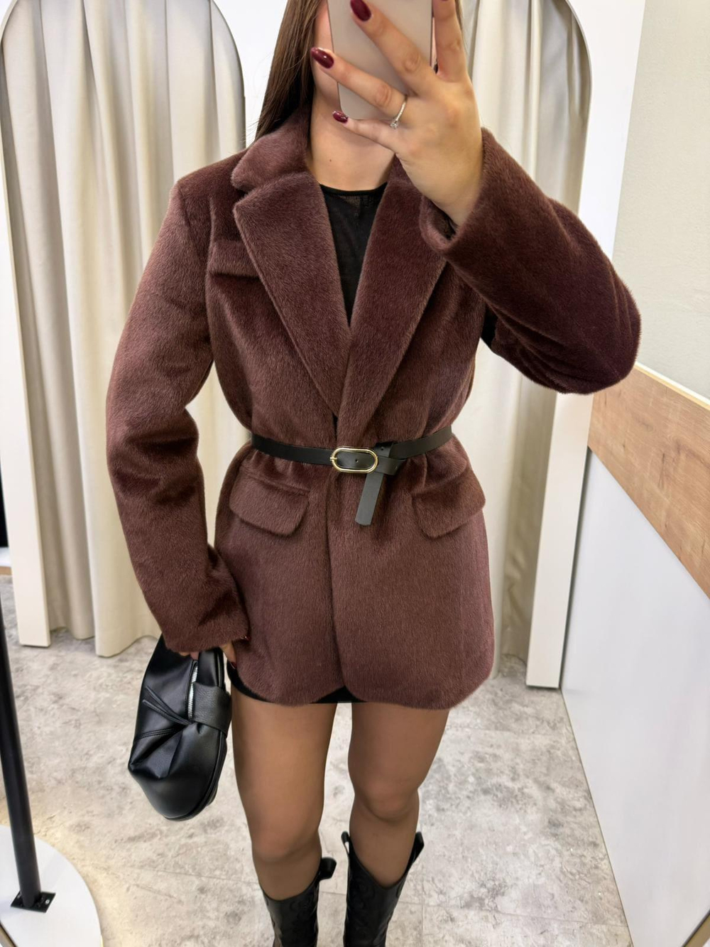 Premium Kemerli Peluş Blazer-KAHVE