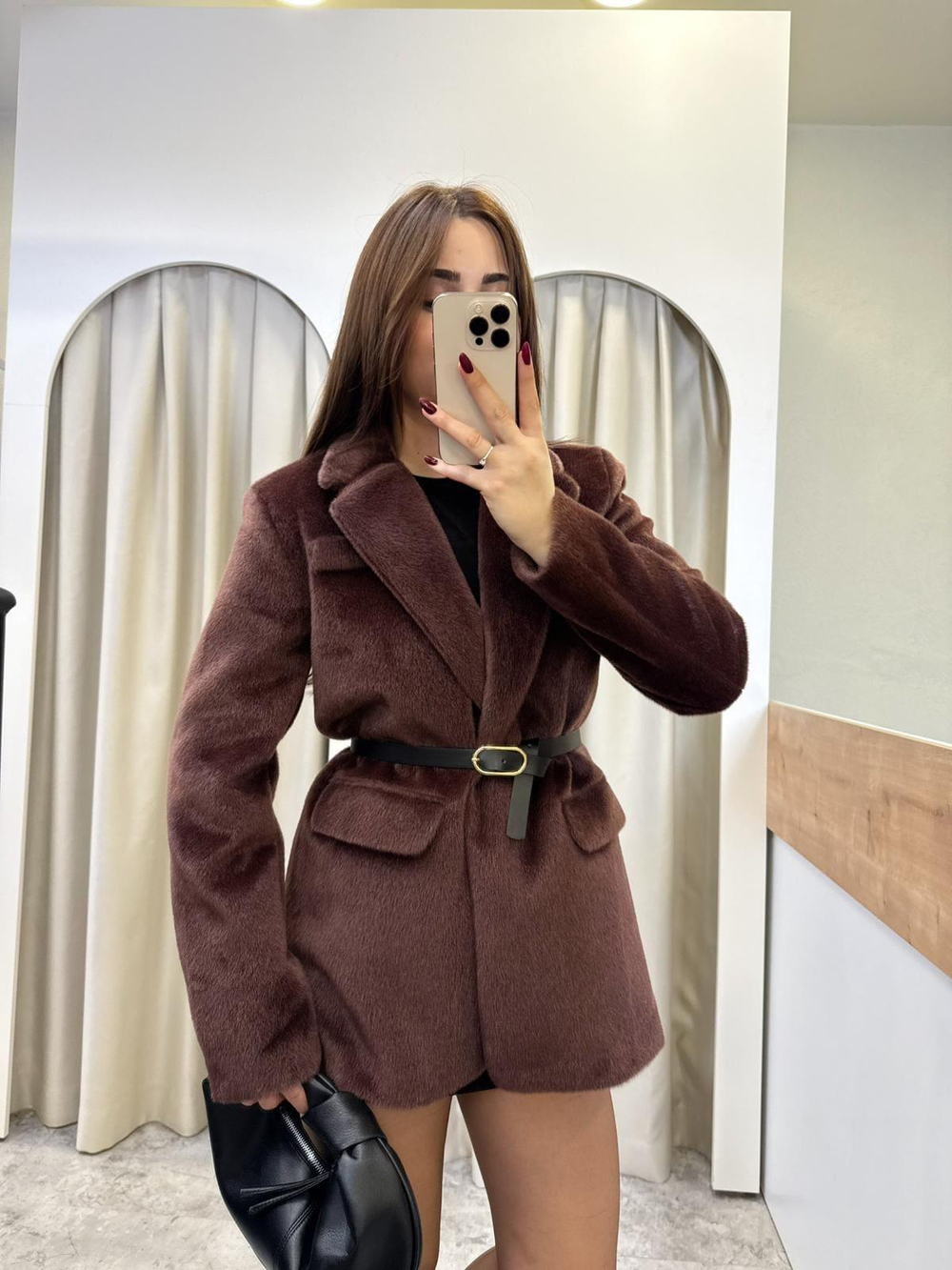 Premium Kemerli Peluş Blazer-KAHVE