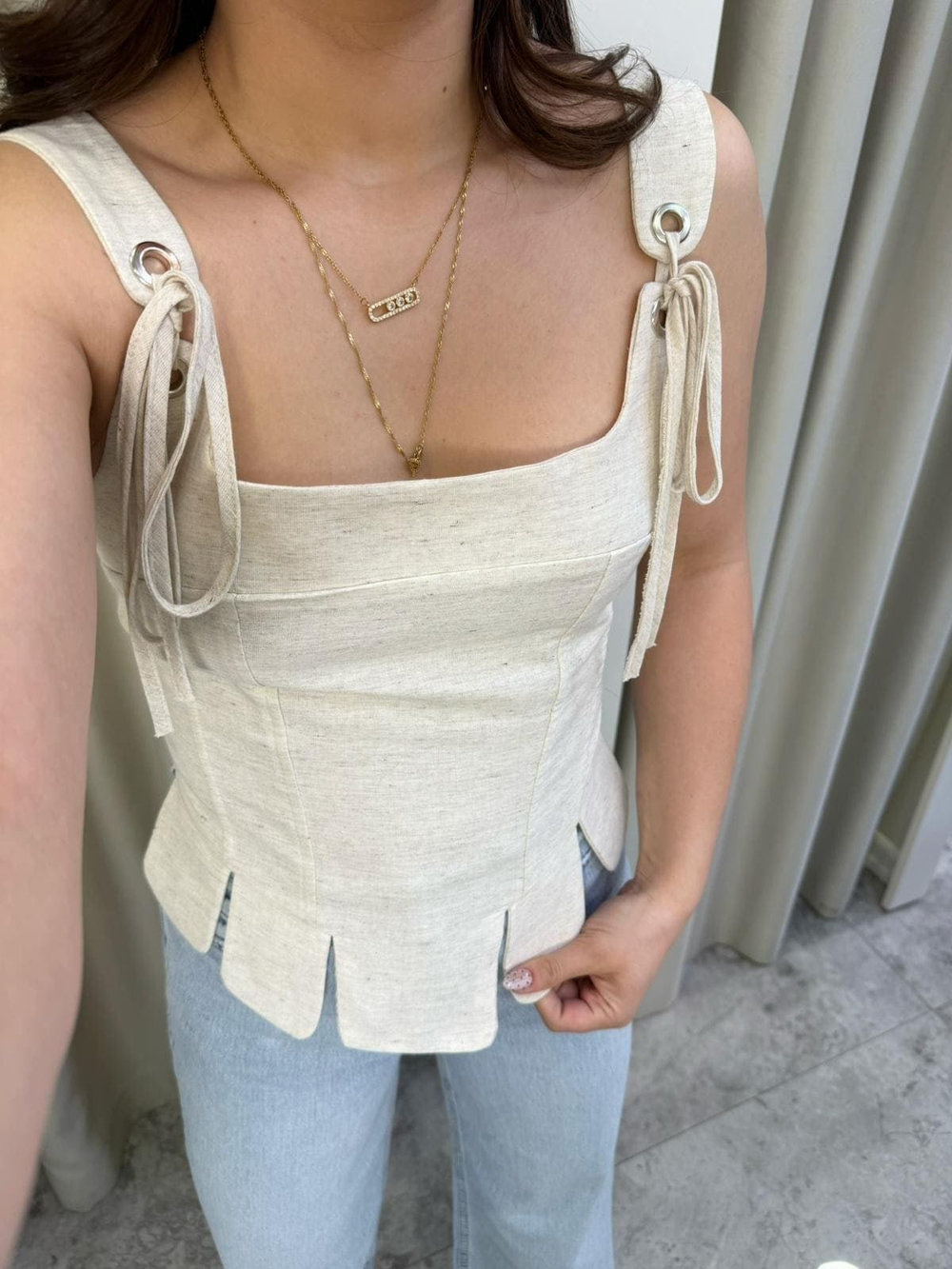Ribbon Natural Keten Dilimli Korse Bluz