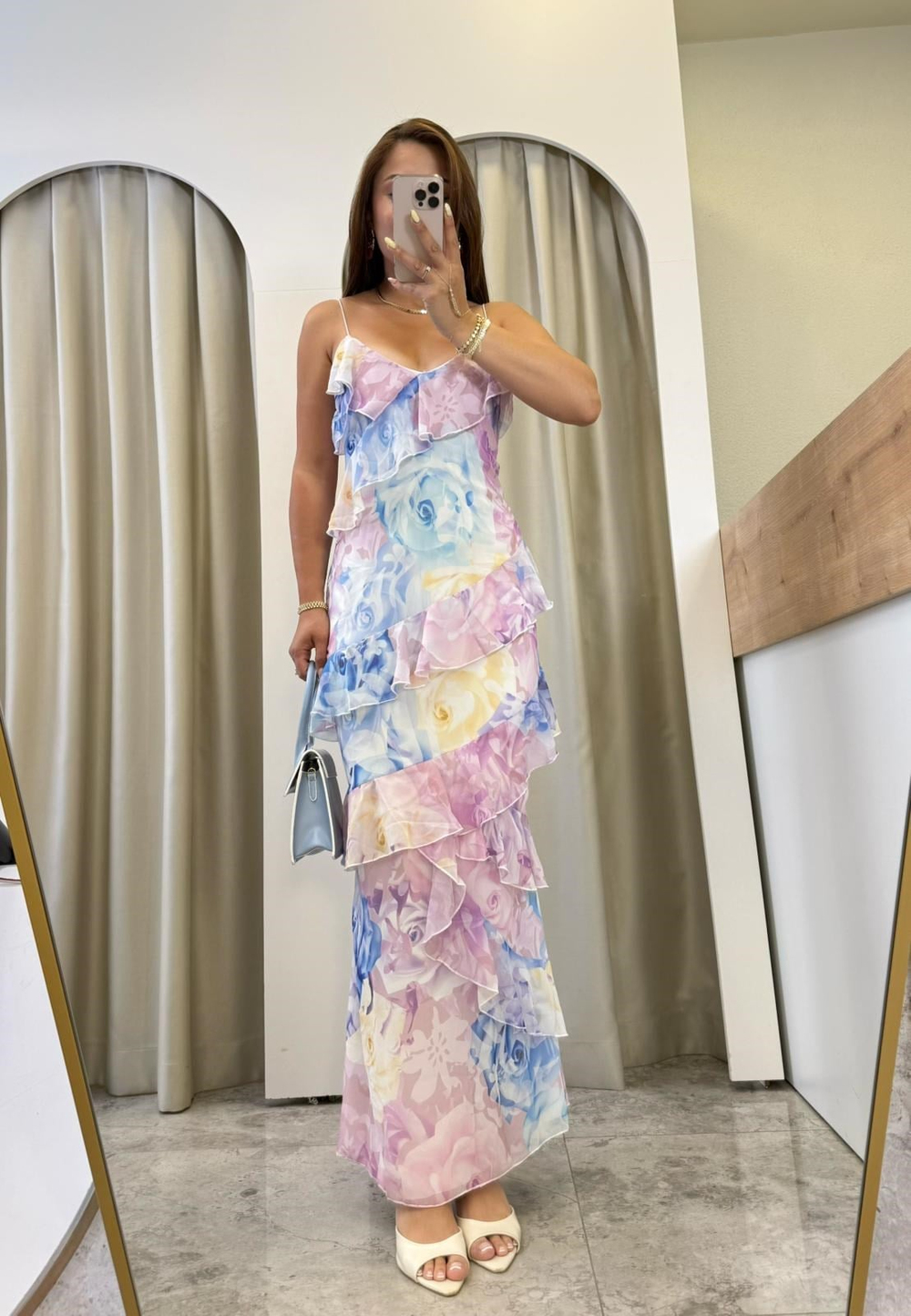 Rory Pembe Fırfırlı Şifon Maxi Elbise