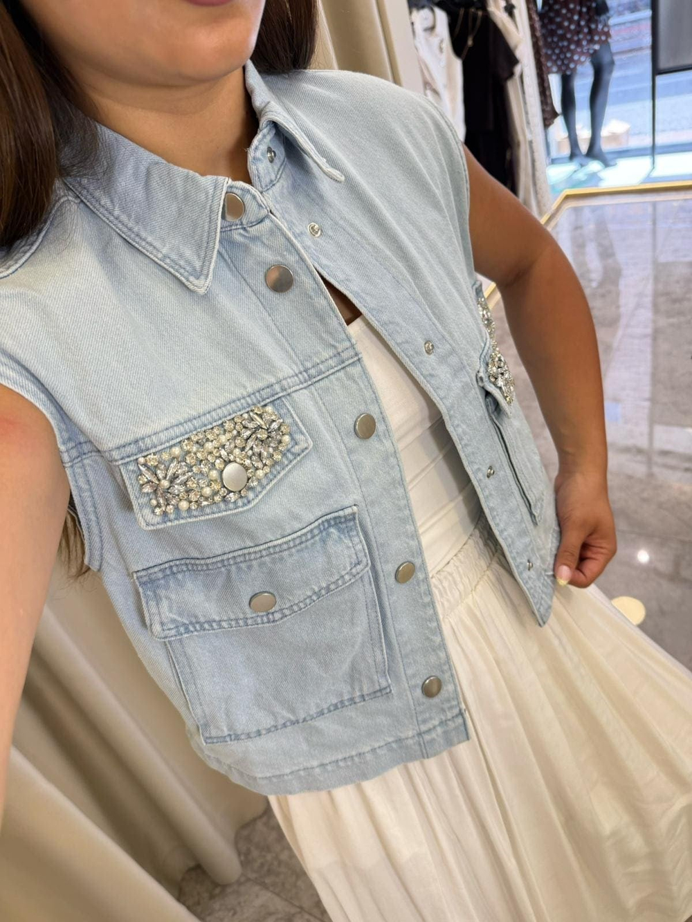 Solana Taşlı Marka Model Denim Yelek