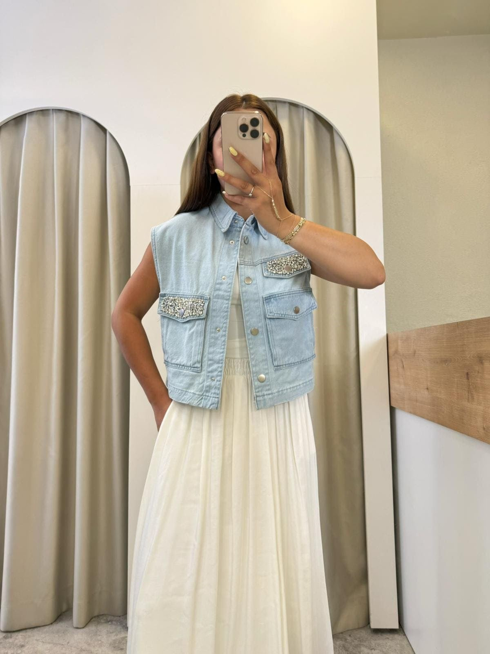 Solana Taşlı Marka Model Denim Yelek