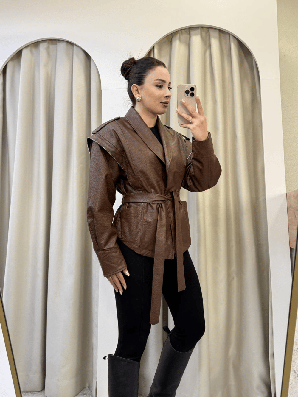 Sophie Kahve Kuşaklı Deri Ceket