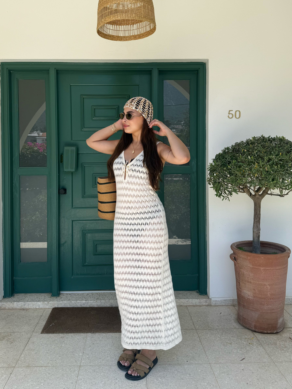 Stella Ekru Önü Gold Düğmeli Midi Beacwear Elbise
