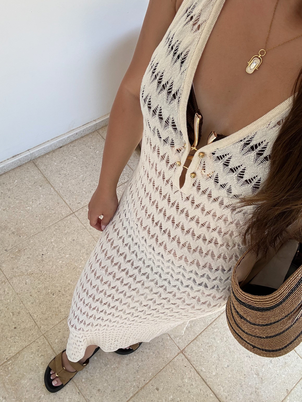 Stella Ekru Önü Gold Düğmeli Midi Beacwear Elbise