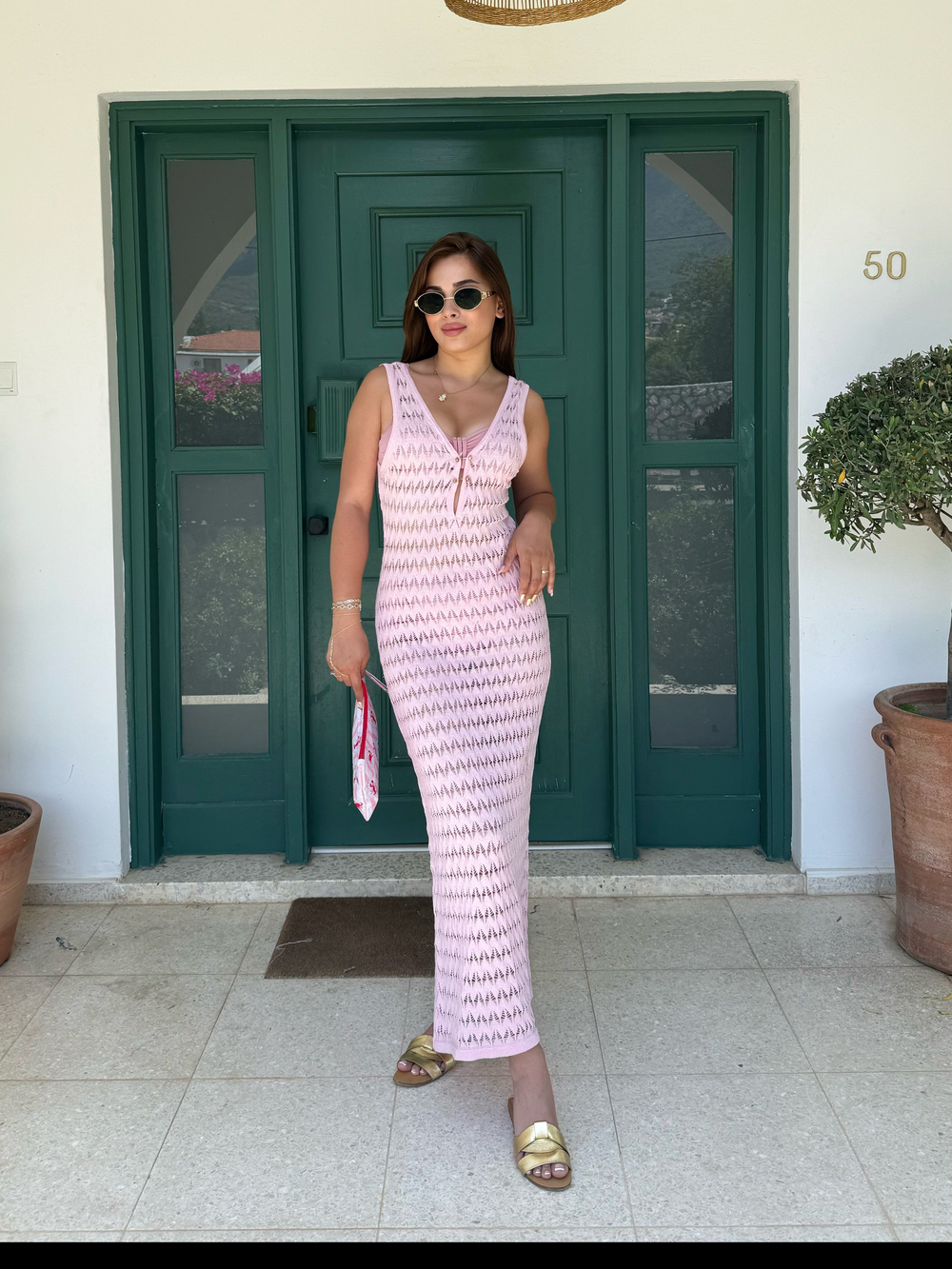 Stella Pembe Önü Gold Düğmeli Midi Beacwear Elbise