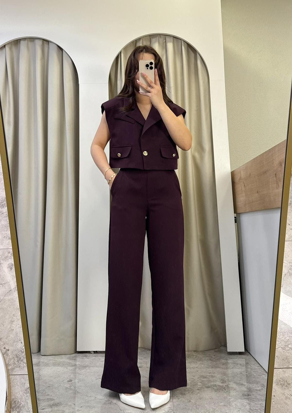 Stily Bordo Yelekli Takım