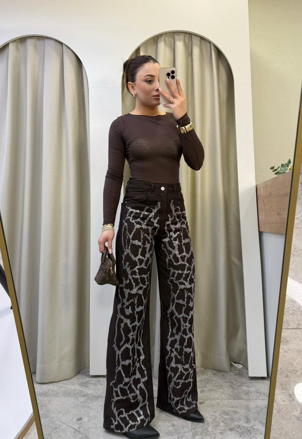 Strip Kahve Yüksek Bel Taşlı Jean