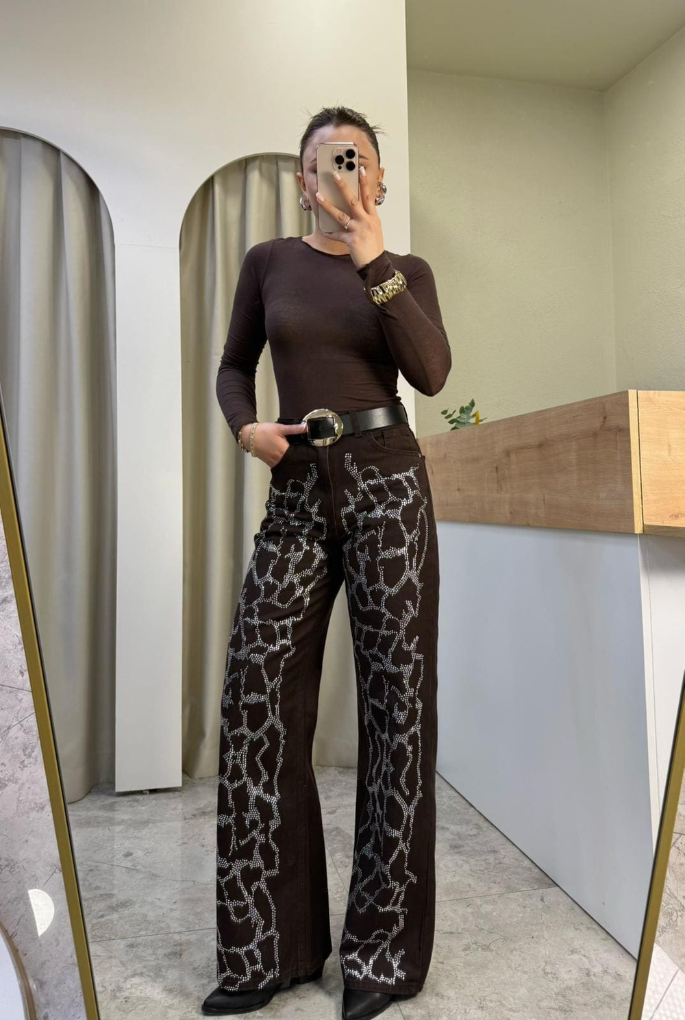 Strip Kahve Yüksek Bel Taşlı Jean