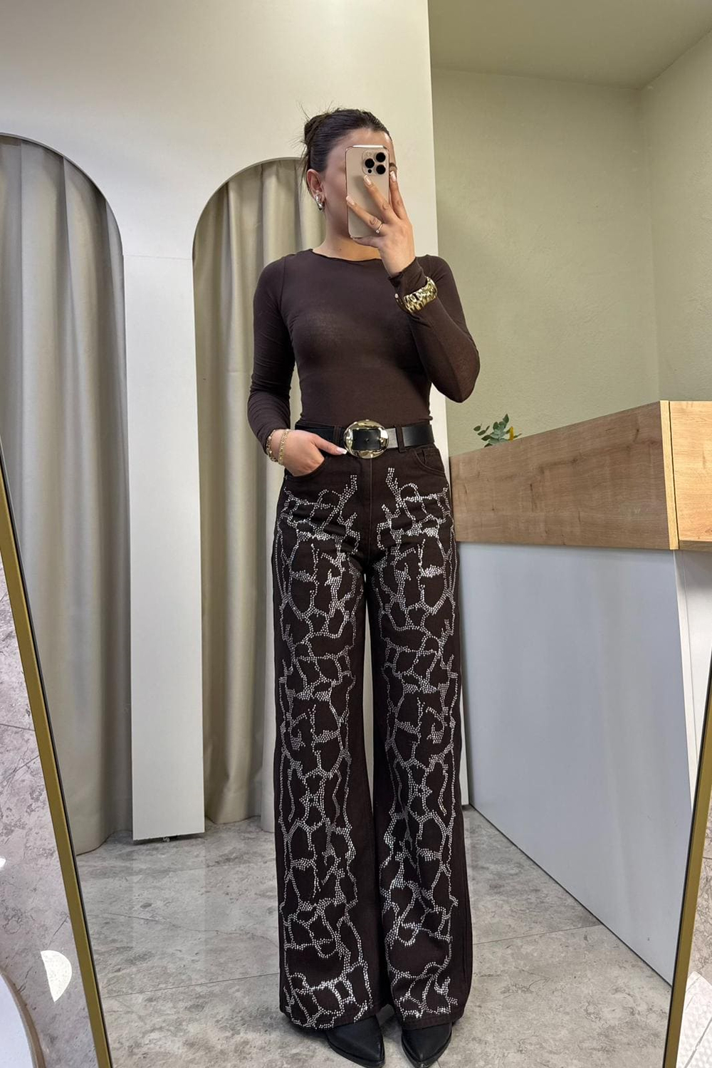 Strip Kahve Yüksek Bel Taşlı Jean