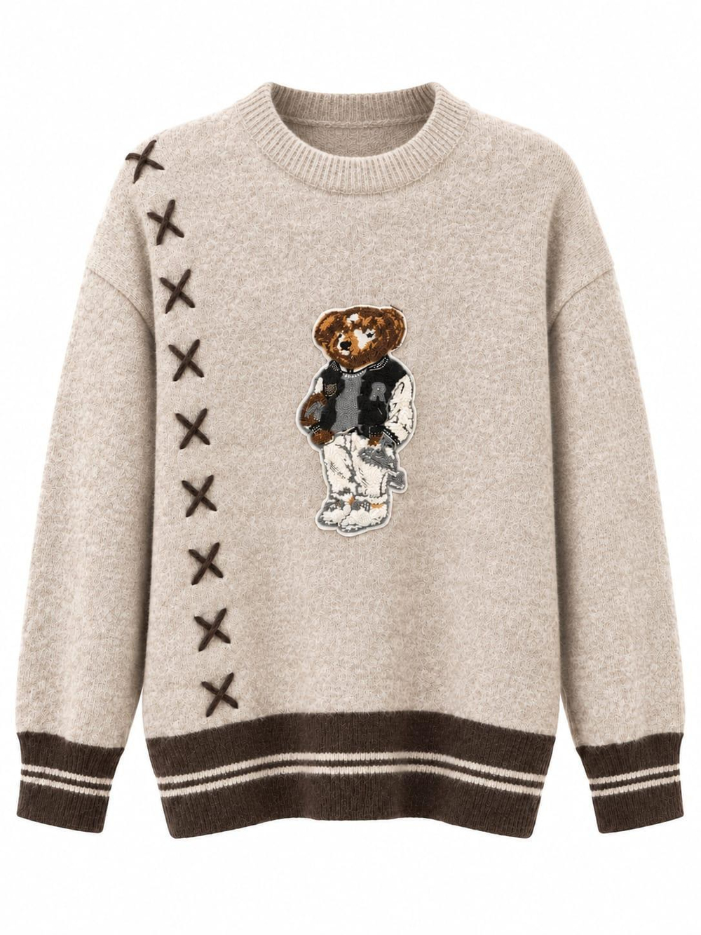 Teddy Bej Nakışlı Triko Kazak