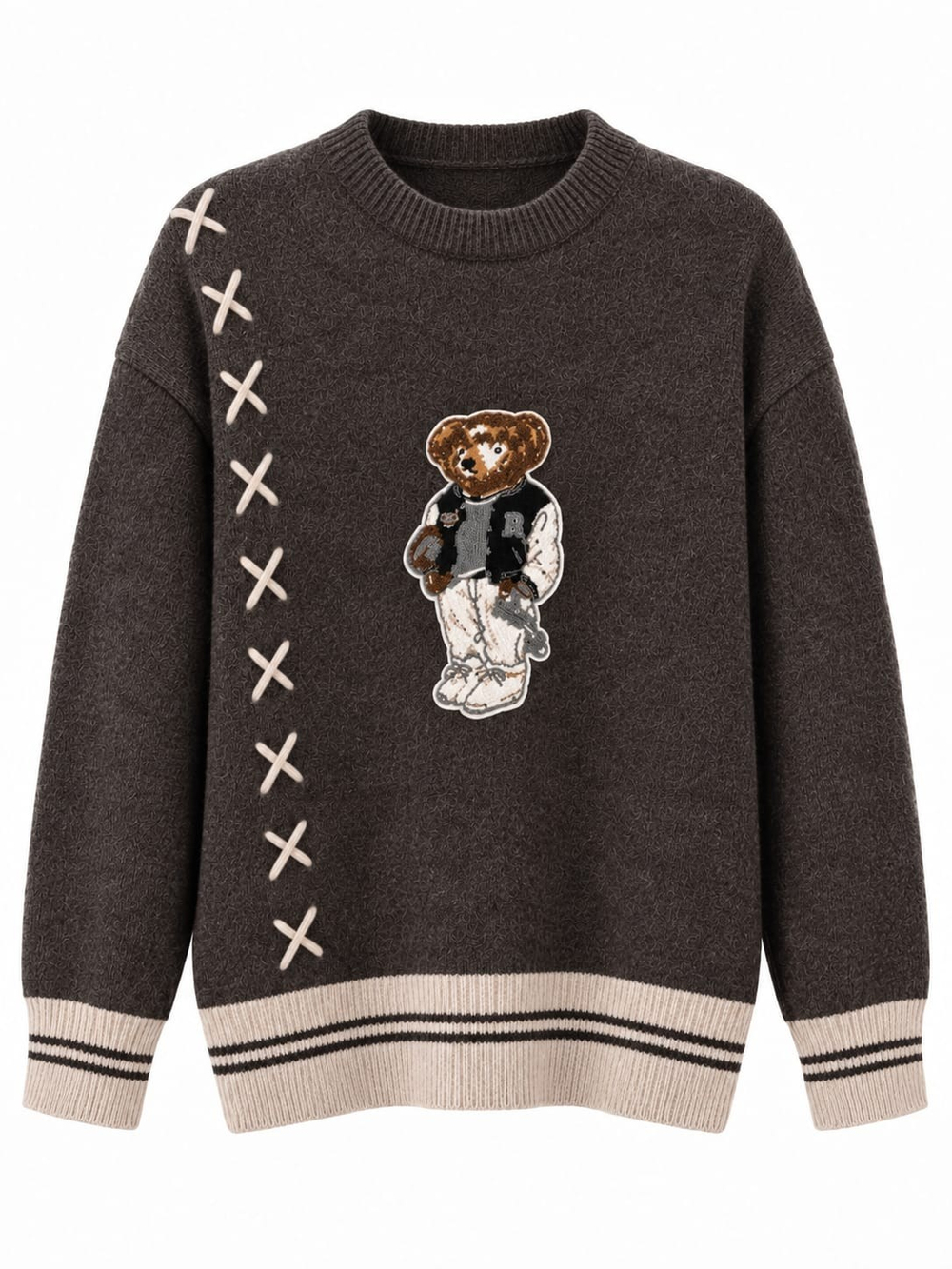 Teddy Kahve Nakışlı Triko Kazak