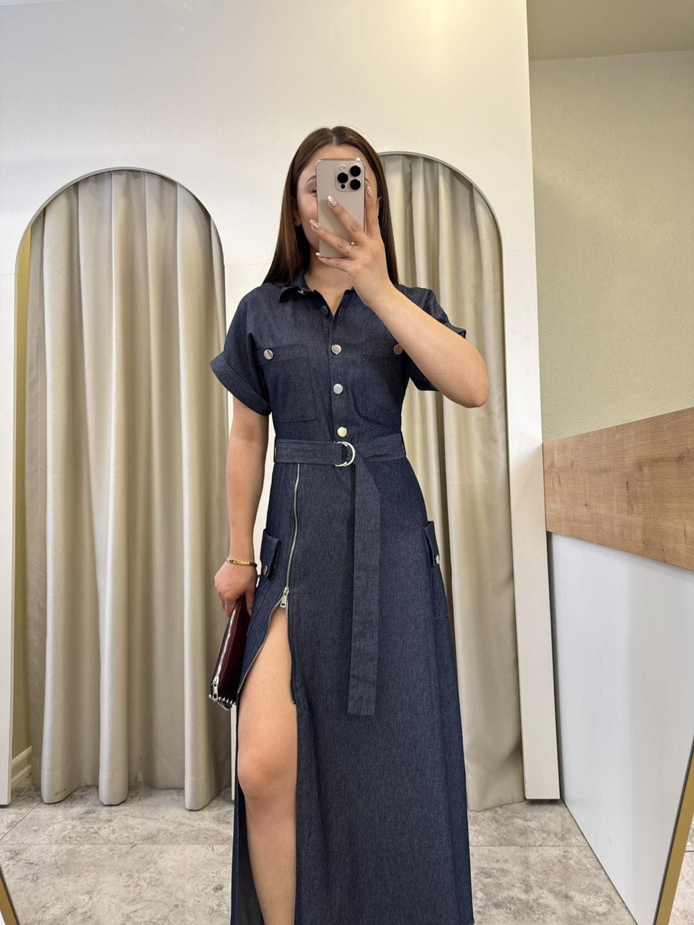 Tiamo Fermuar Detaylı Denim Yırtmaçlı Elbise