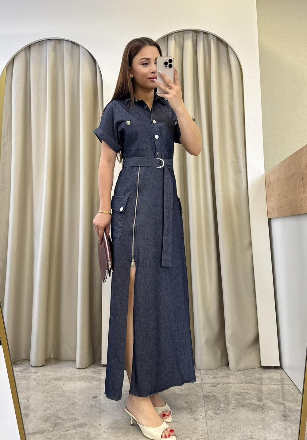 Tiamo Fermuar Detaylı Denim Yırtmaçlı Elbise
