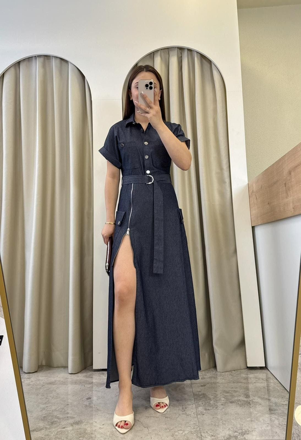 Tiamo Fermuar Detaylı Denim Yırtmaçlı Elbise