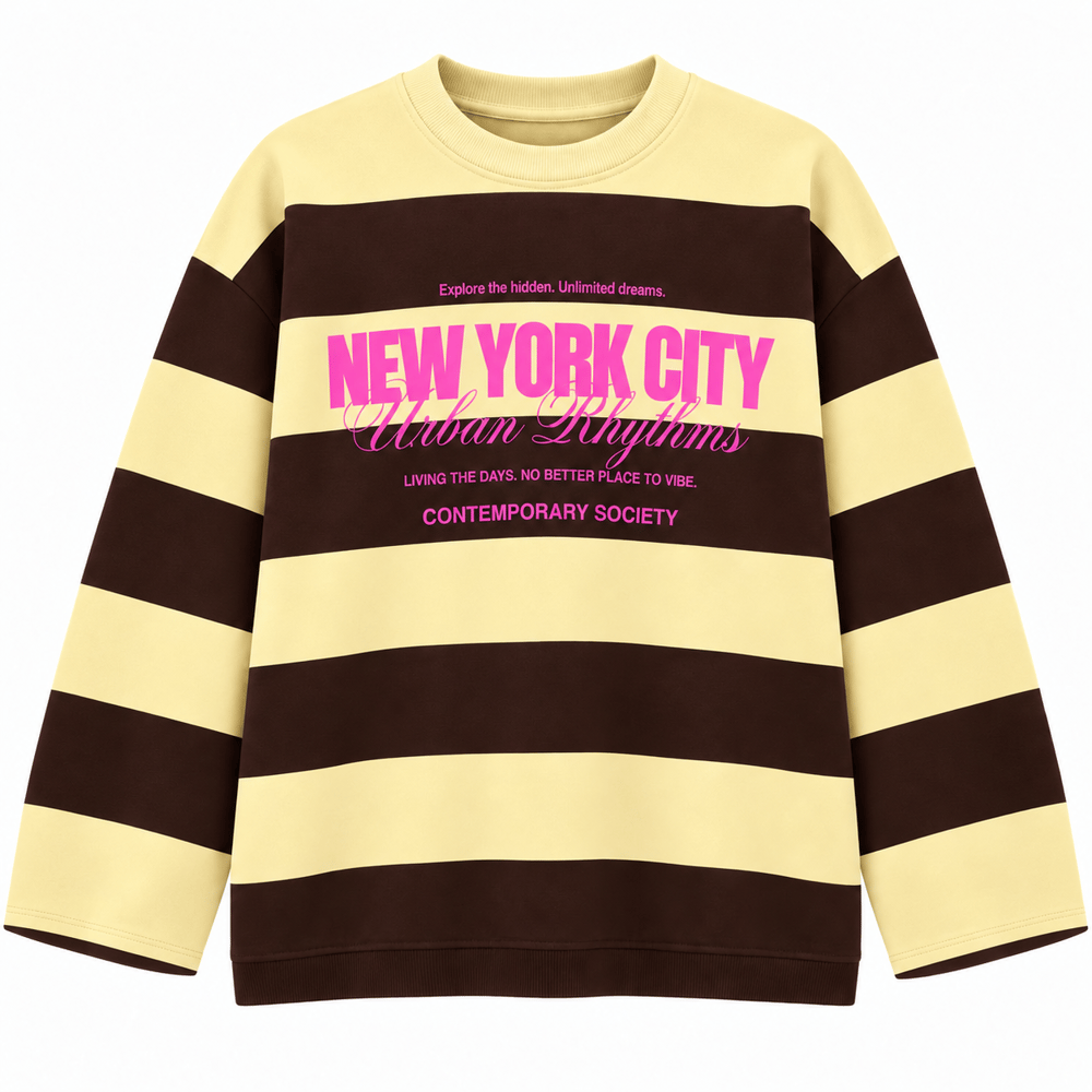 Valen Premium Seri Baskılı Çizgili Sweatshirt Sarı-Kahve