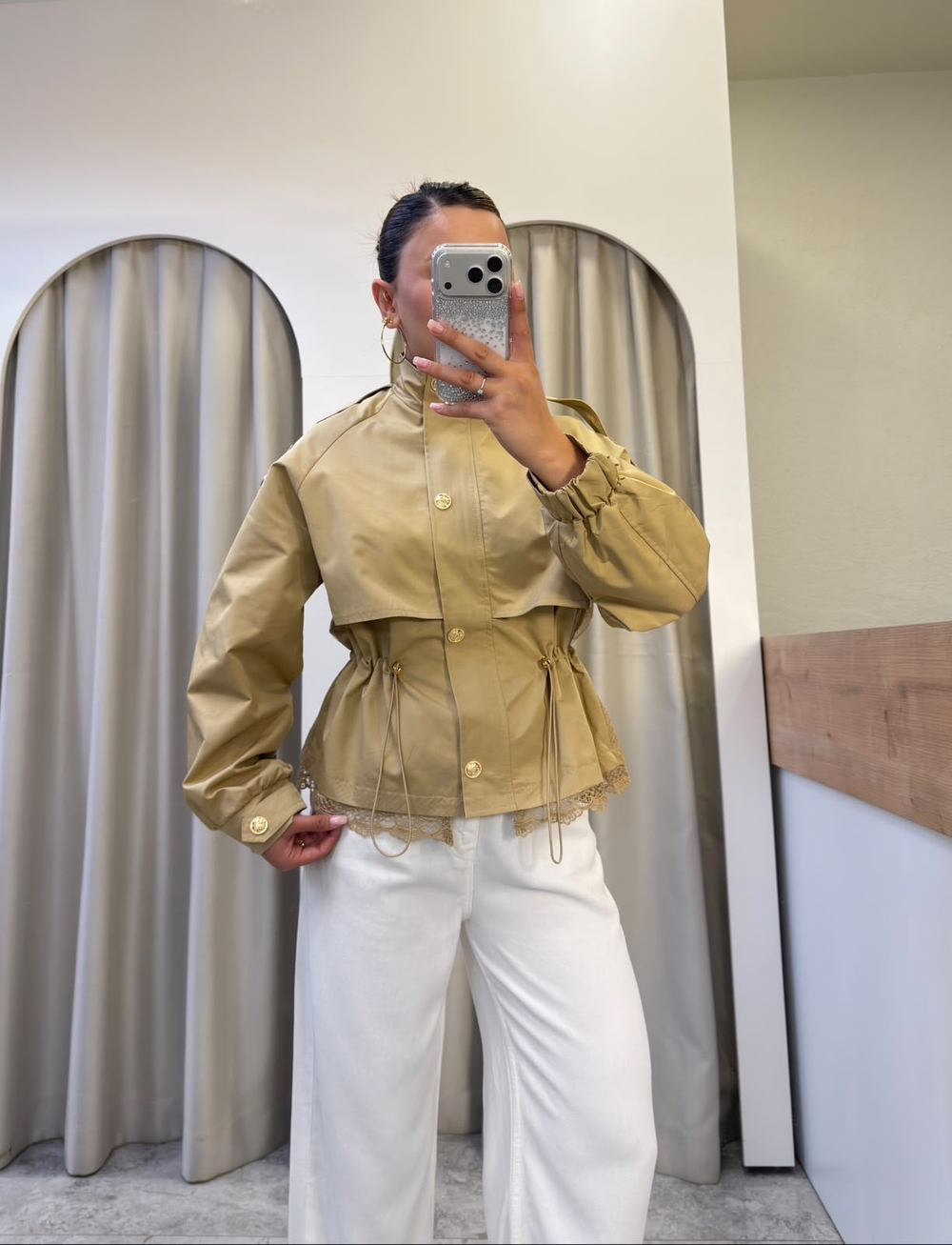 Vanta Camel Dantel Detaylı Bel Büzgülü Ceket