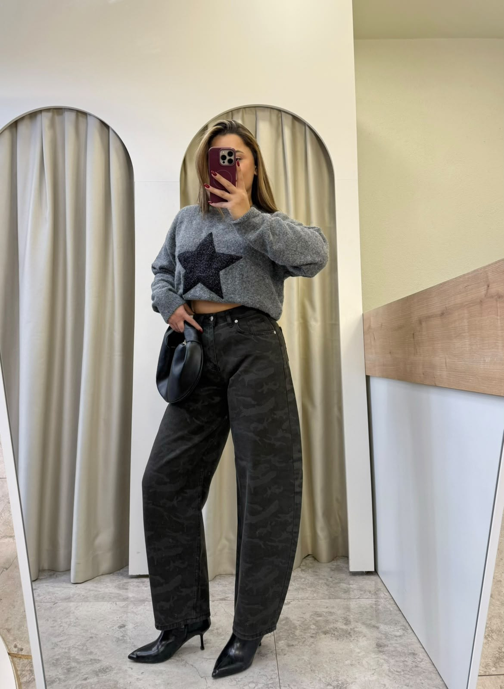 Zayen Antrasit Kamuflaj Barrel Jean