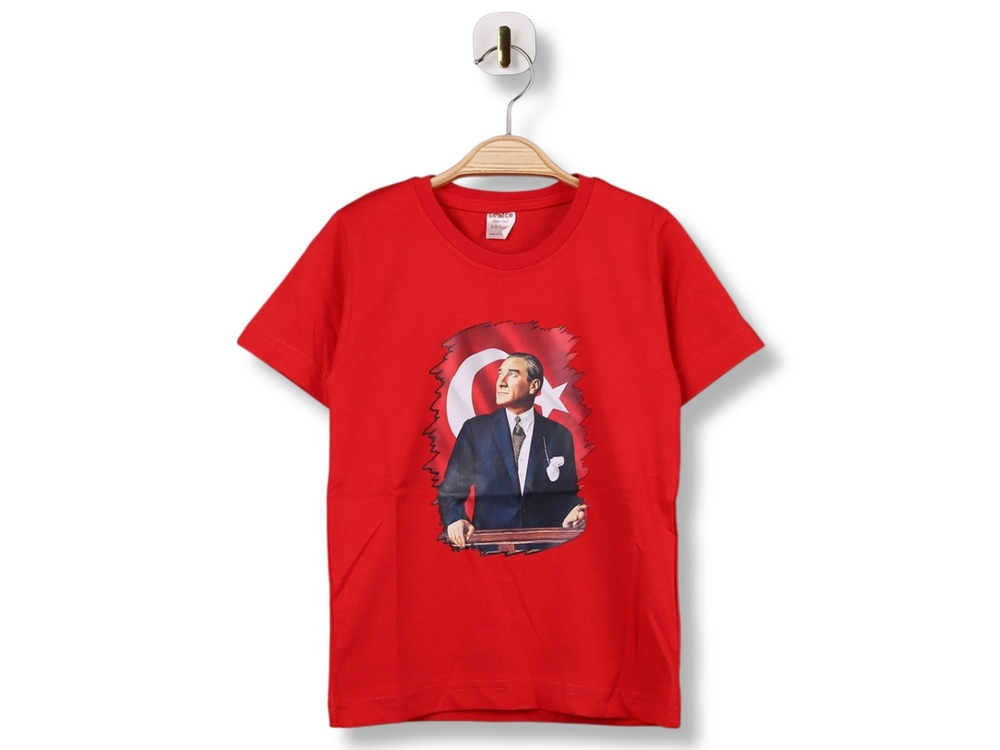 Atatürk Baskılı Unisex Kırmızı Tişört 5-14 yaş