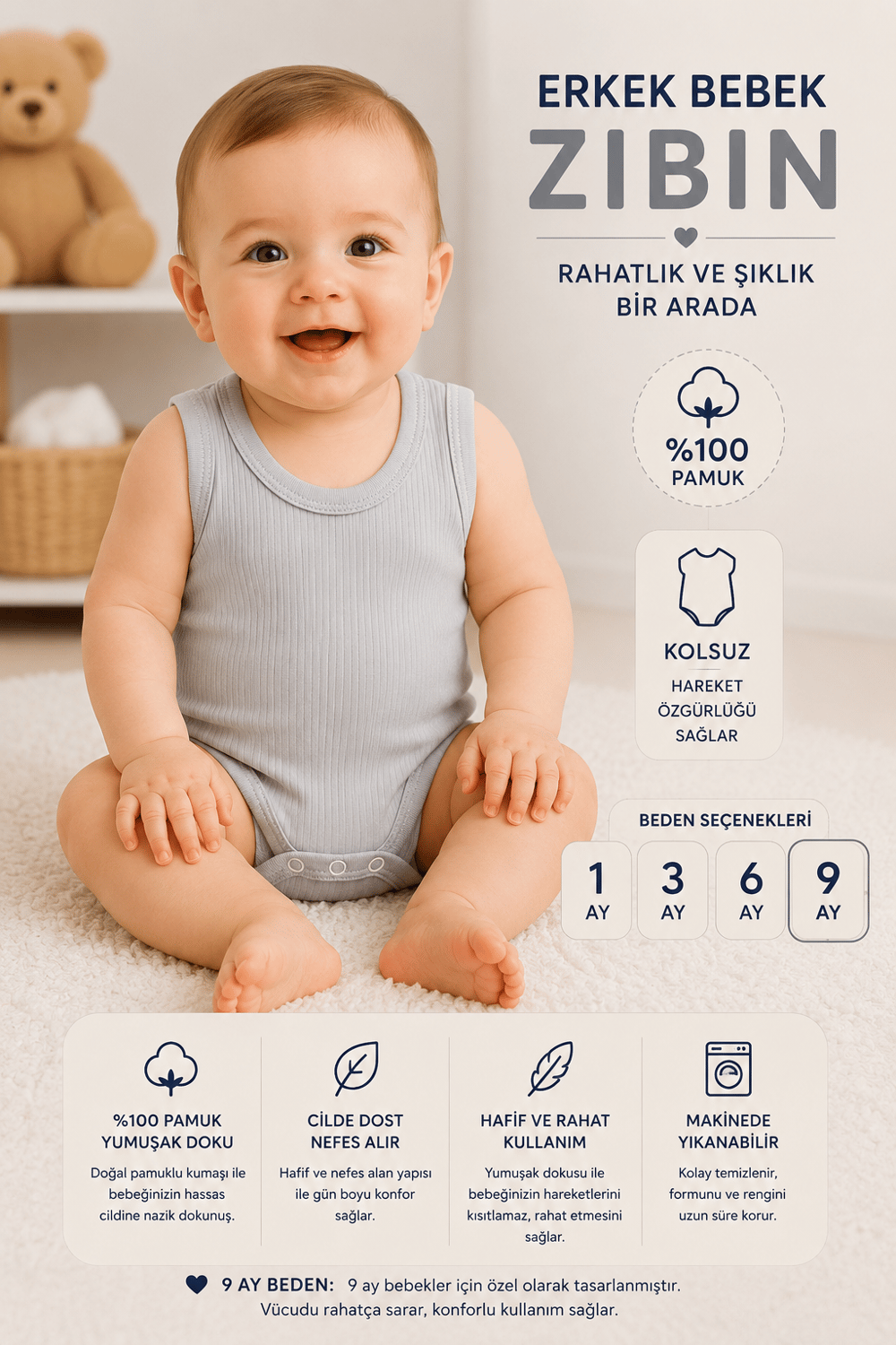 Erkek Bebek Jakarlı  Zıbın -Gri 