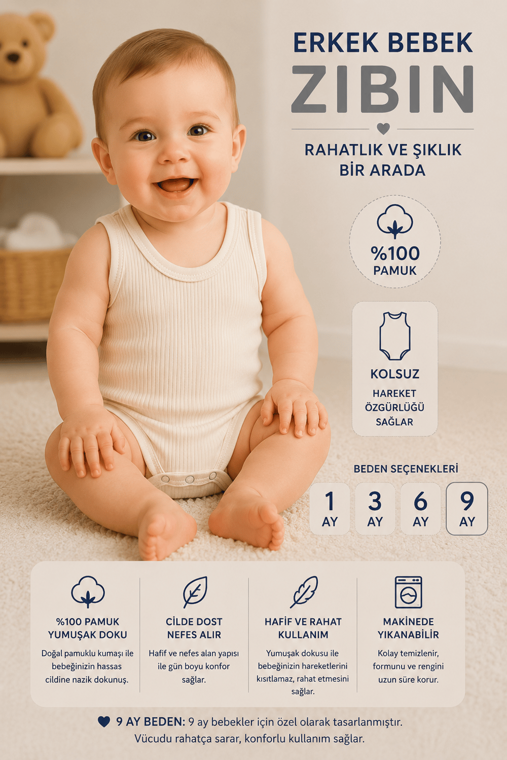 Erkek Bebek Jakarlı  Zıbın -Krem