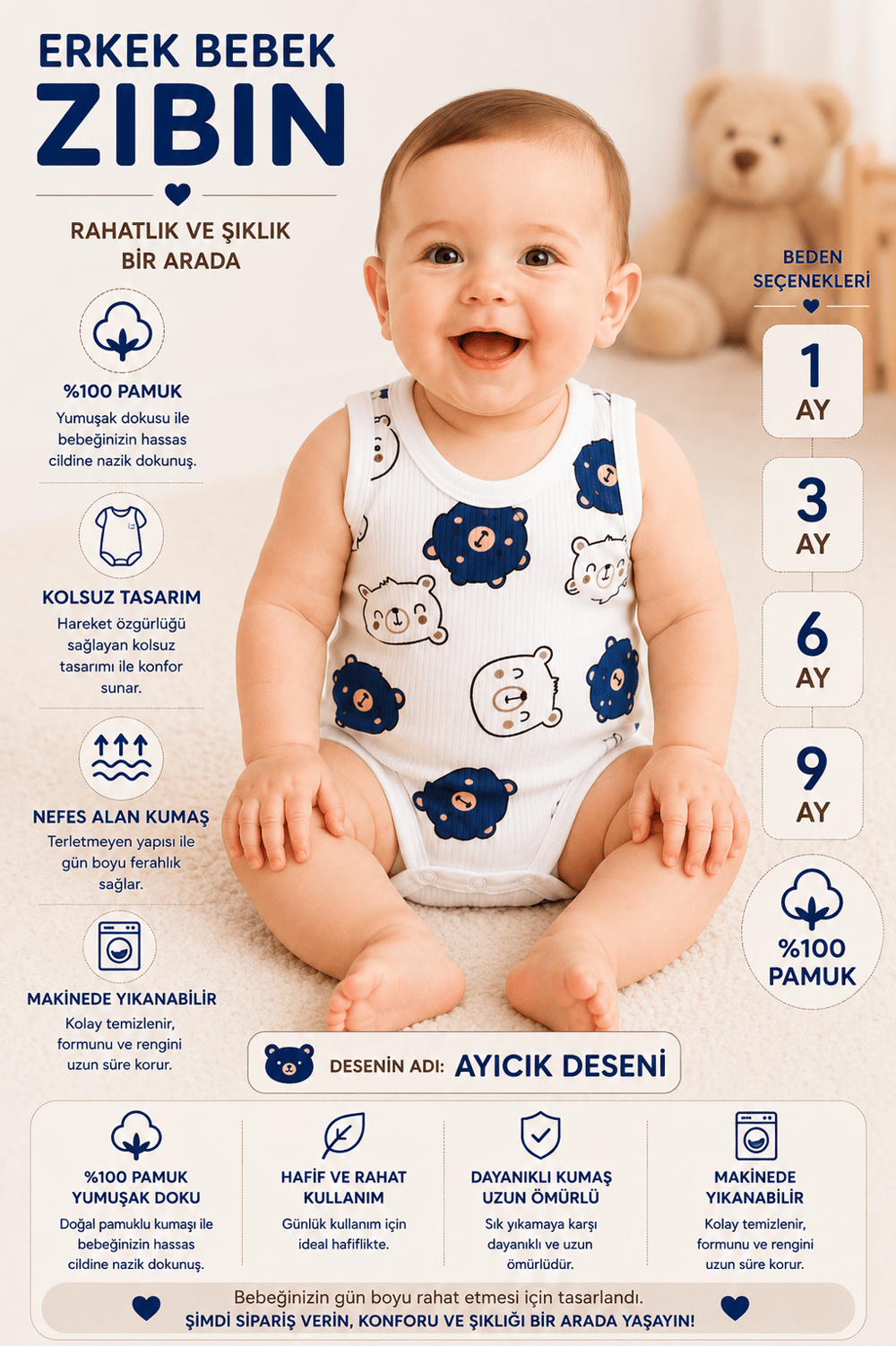 Erkek Bebek Sevimli Ayıcık Desenli Zıbın -Mavi