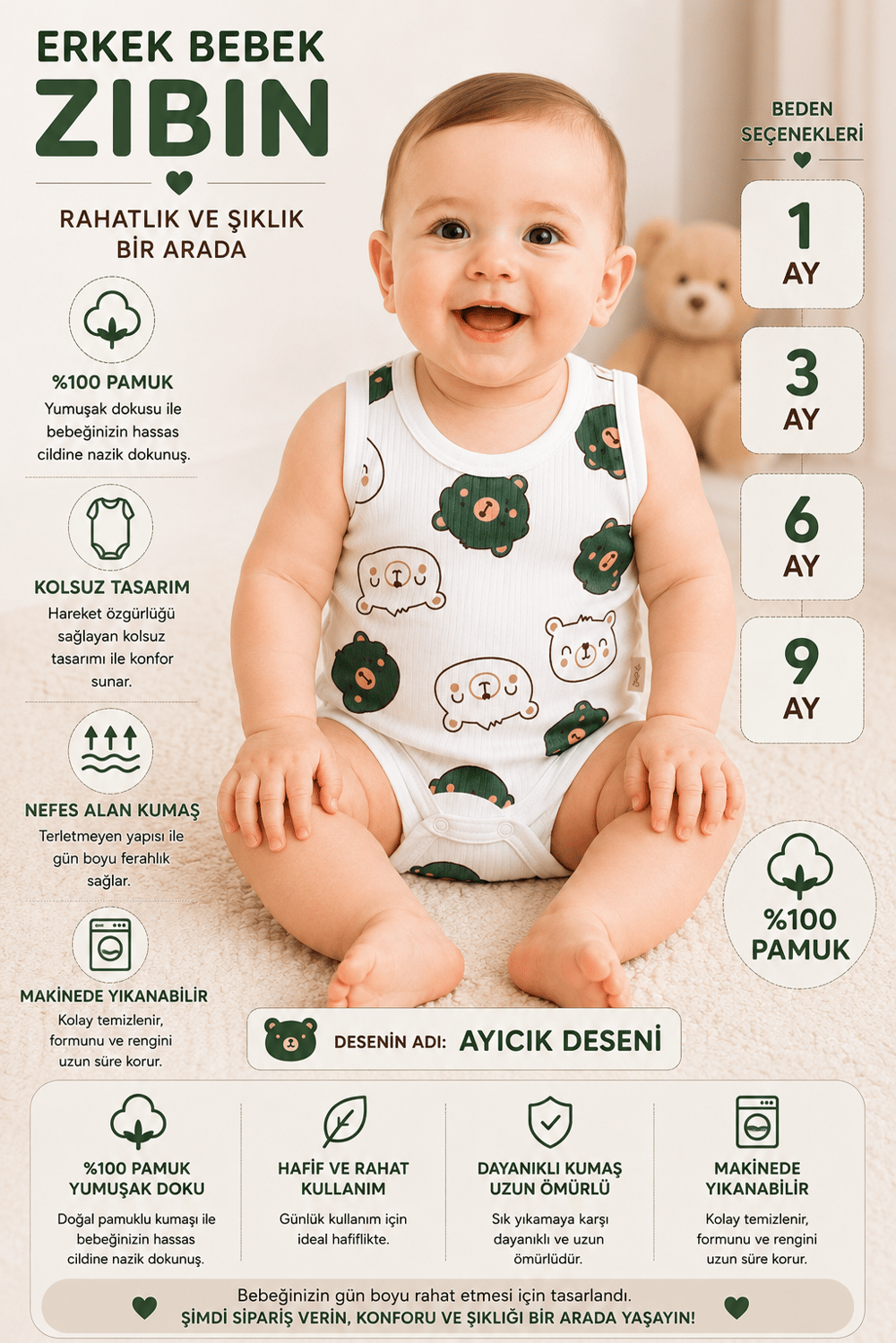 Erkek Bebek Sevimli Ayıcık Desenli Zıbın -Yeşil