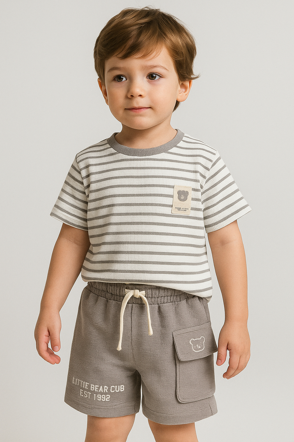 Gofre Kumaştan Ayıcık Baskılı Erkek Çocuk T-shirt ve Şort Takım