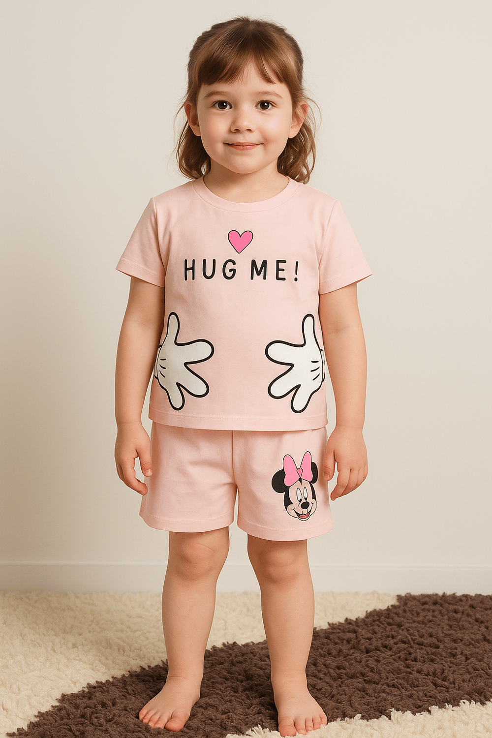 Hug Me Yazılı Karakter Baskılı T-shirt ve Şortlu Alt Üst Kız Çocuk Takım 