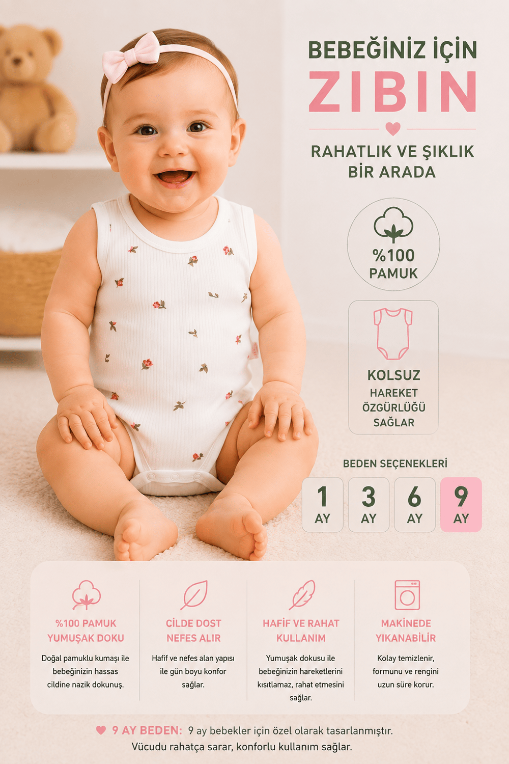 Kız Bebek Çiçek Desenli Zıbın-Beyaz
