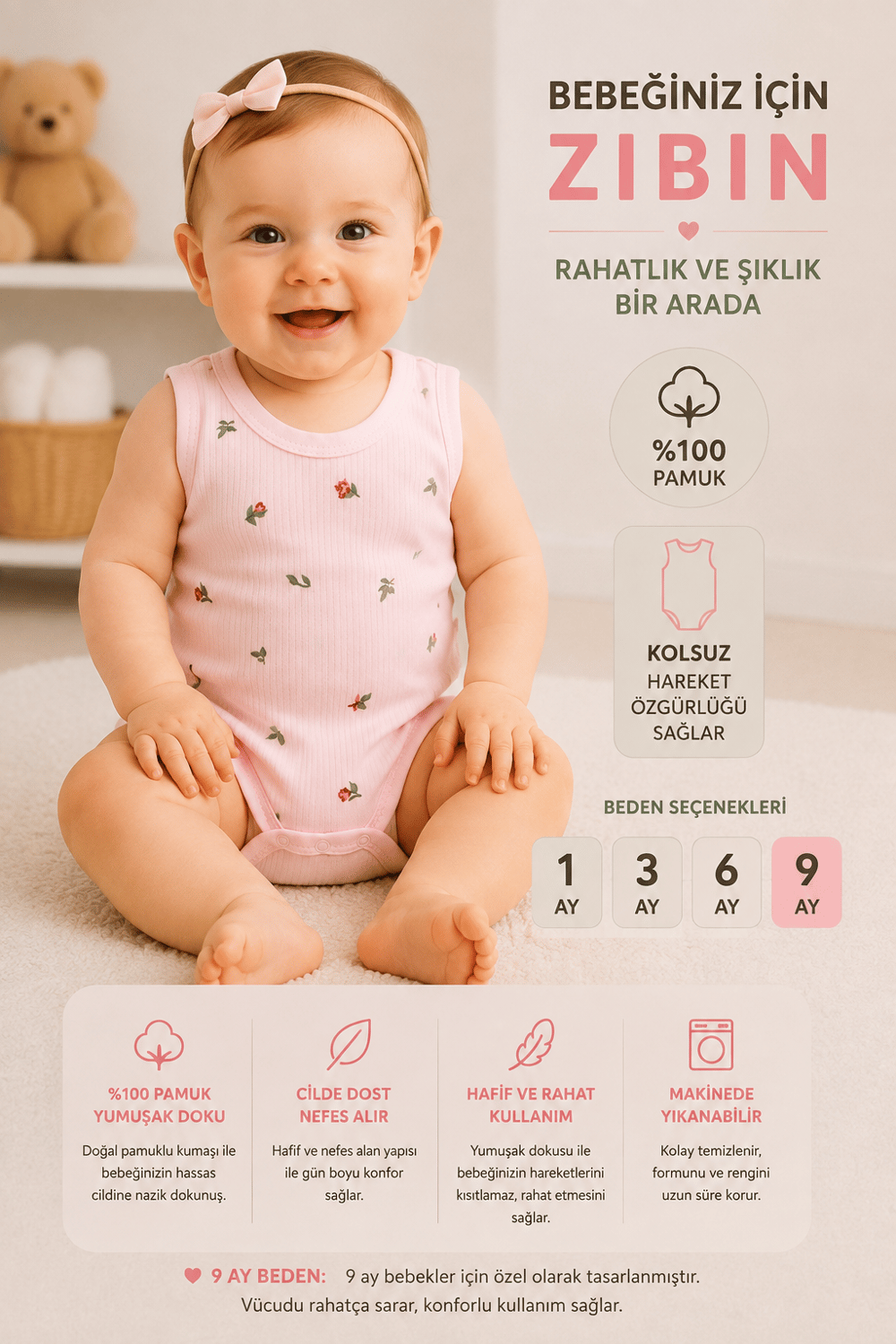 Kız Bebek Çiçek Desenli Zıbın-Pembe