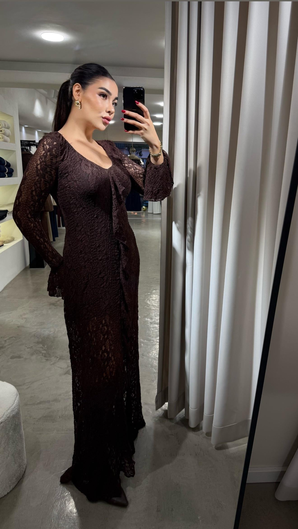  Yırtmaçlı Volanlı Maxi Boy Kahve Dantel Elbise