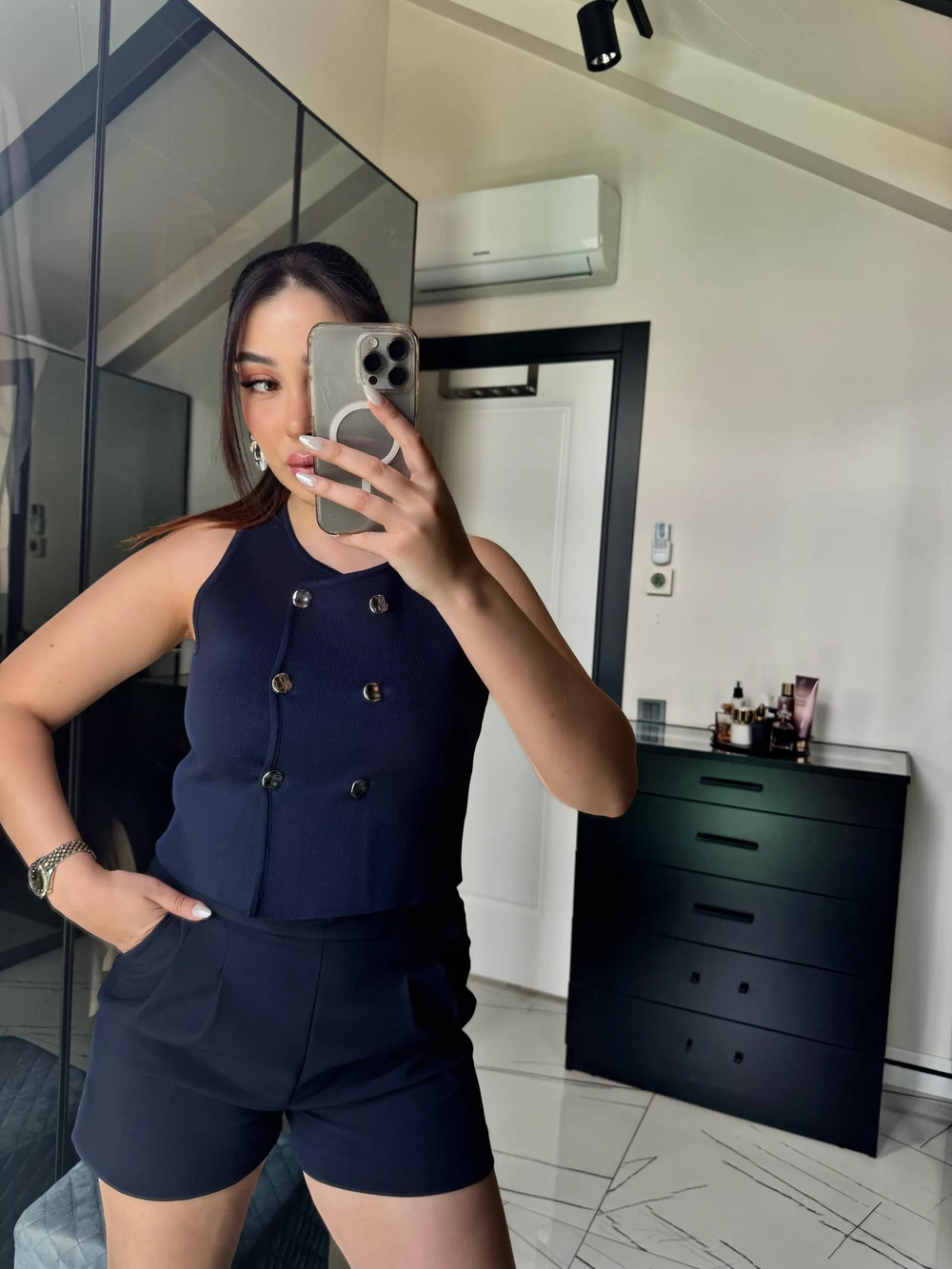 Bisiklet Yaka Düğmeli Lacivert Triko Yelek