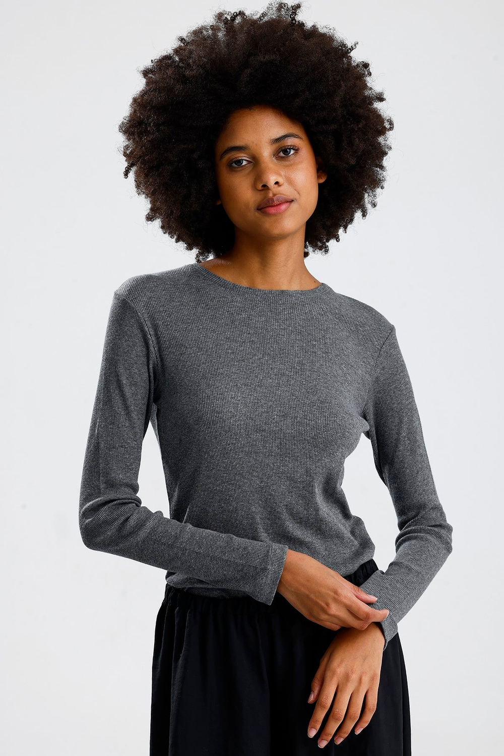 Gri Uzun Kol Basic Tshirt