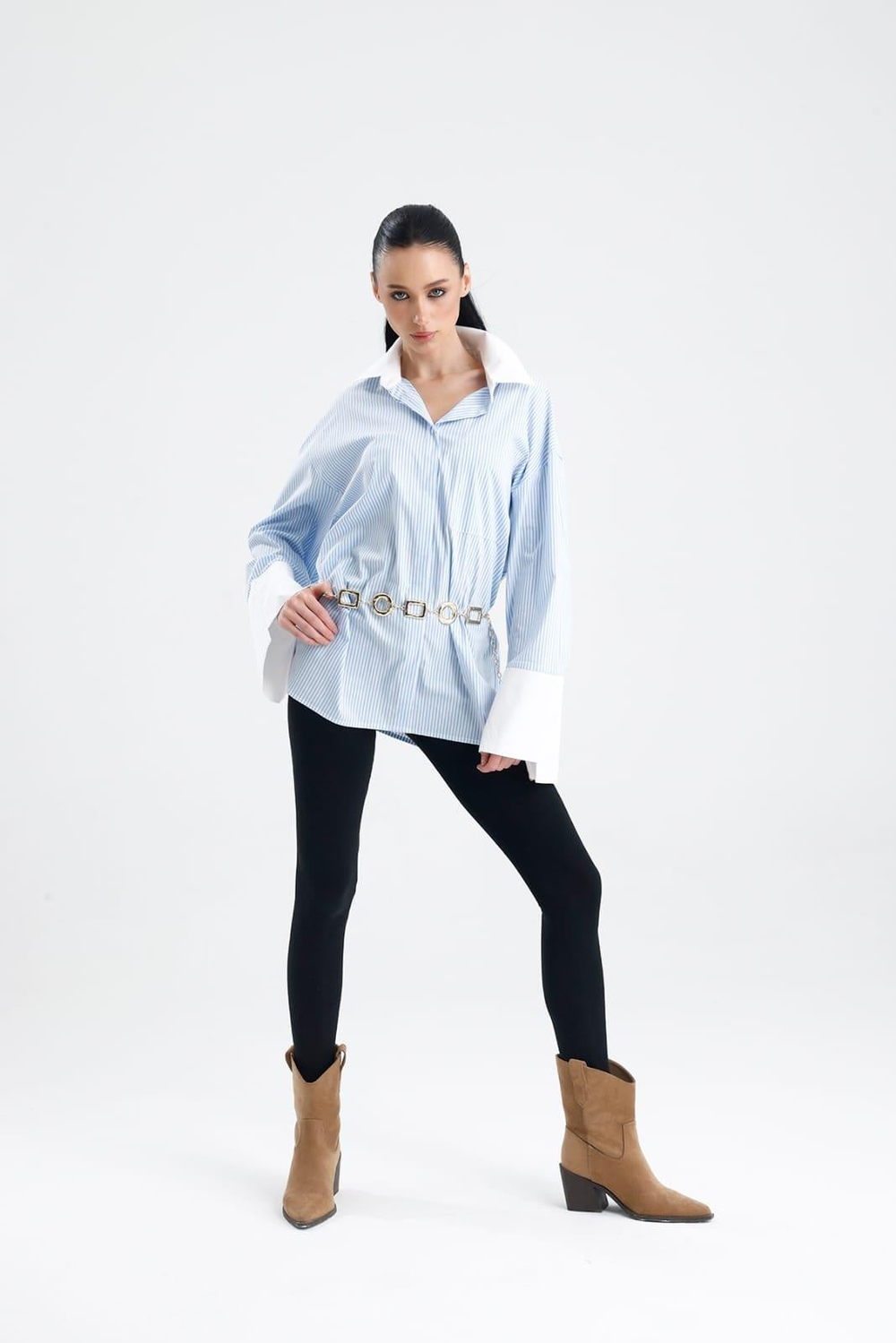 HARİSSA Geniş Beyaz Manşetli Çizgili Oversize Gömlek
