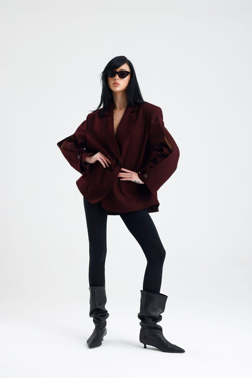 MANAROLA Oversize Bordo Blazer Ceket - Açık/Kesik Kol Detaylı