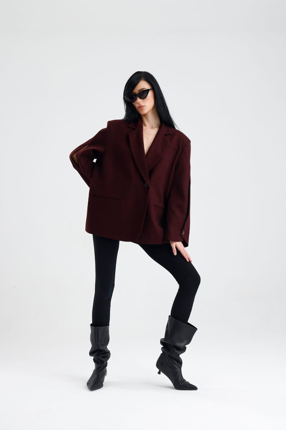 MANAROLA Oversize Bordo Blazer Ceket - Açık/Kesik Kol Detaylı