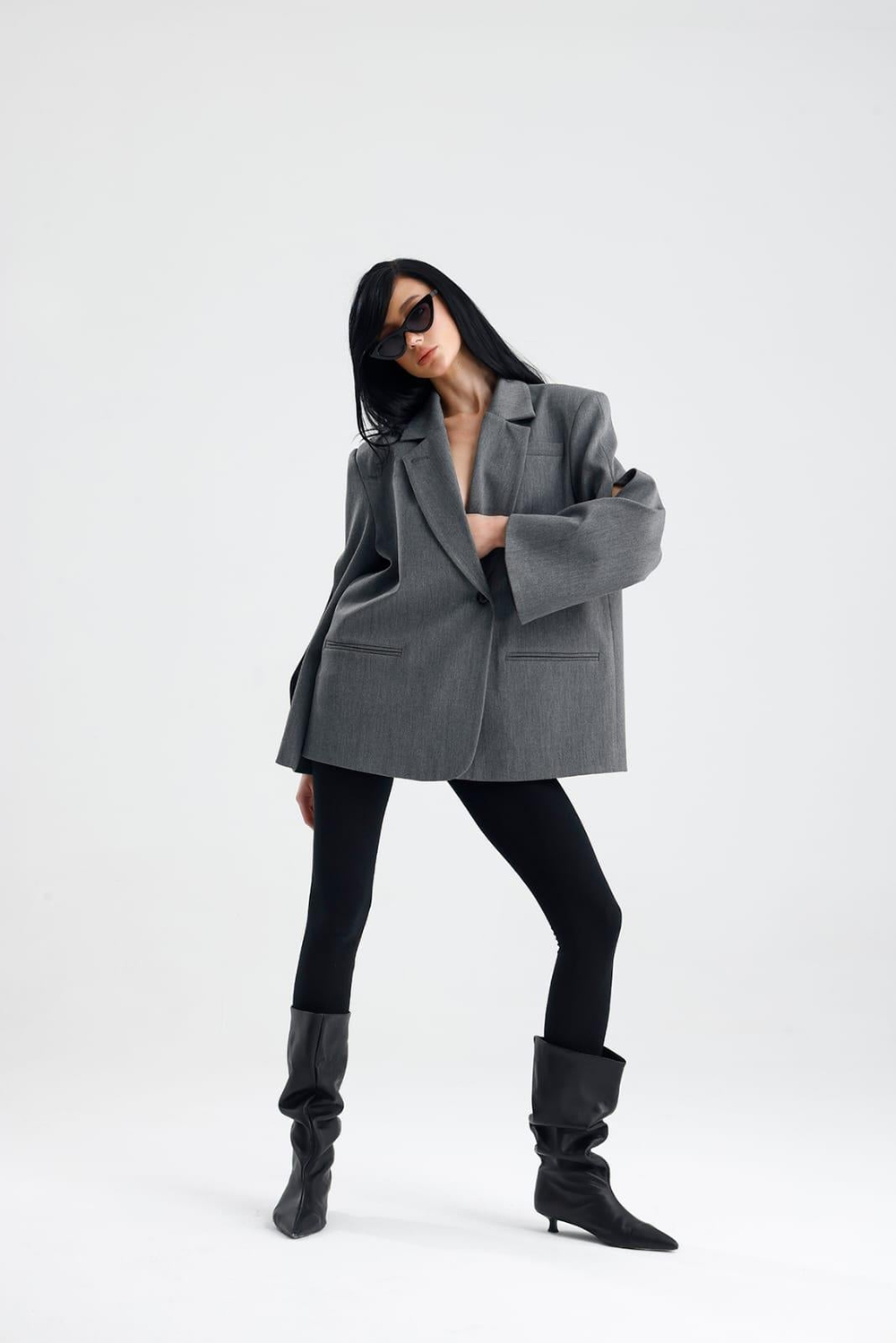 MANAROLA Oversize Gri Blazer Ceket - Açık/Kesik Kol Detaylı