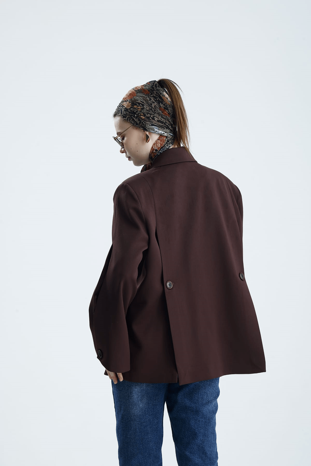Manarola Oversize Dark Bordo Blazer Ceket - Açık/Kesik Kol Detaylı