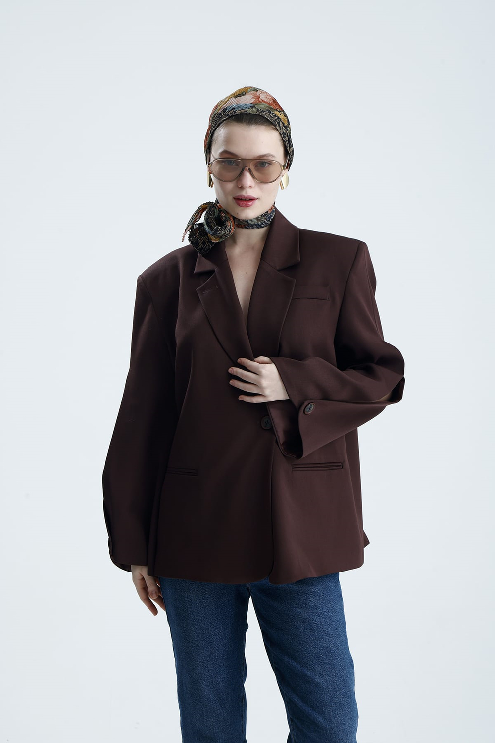 Manarola Oversize Dark Bordo Blazer Ceket - Açık/Kesik Kol Detaylı