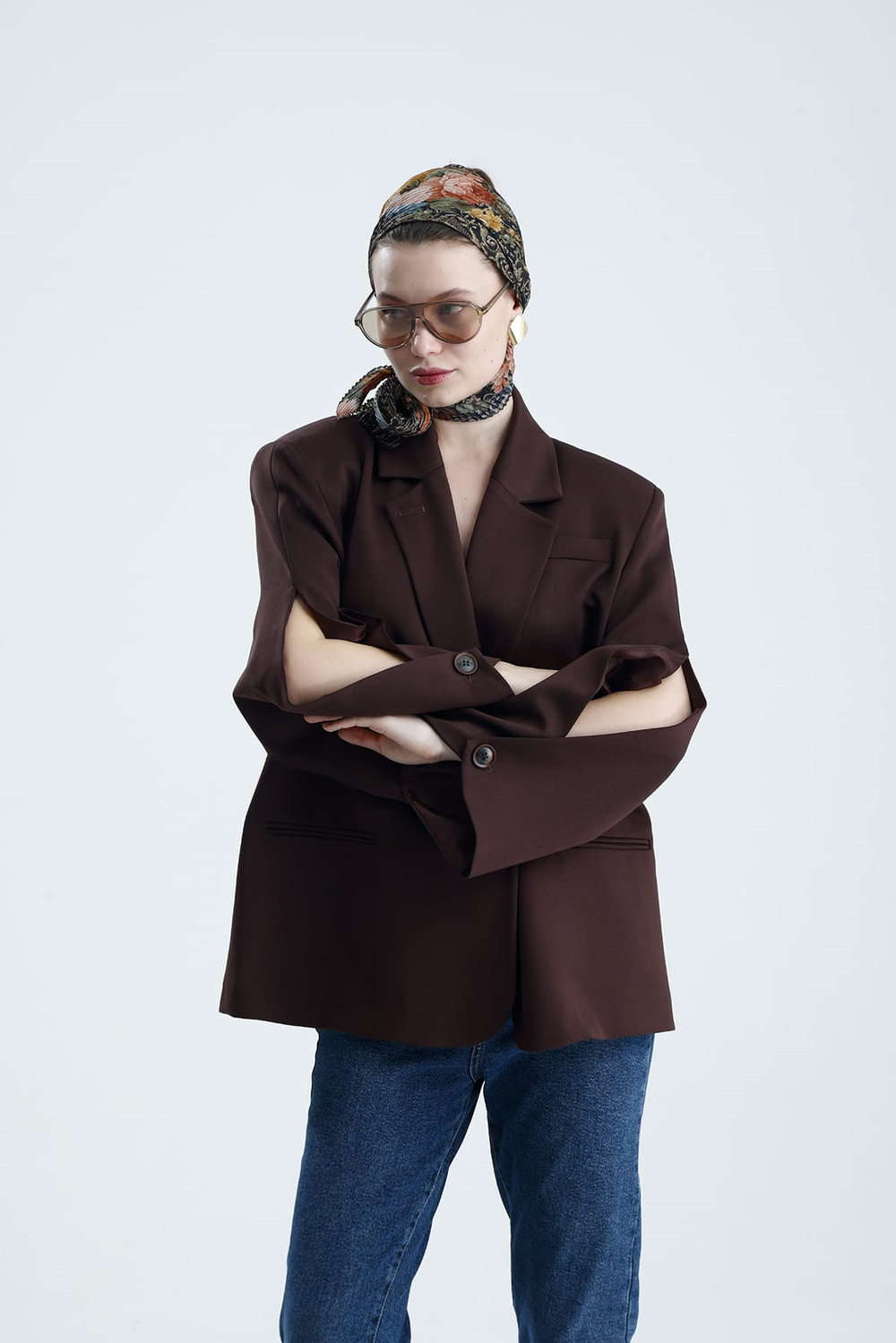 Manarola Oversize Dark Bordo Blazer Ceket - Açık/Kesik Kol Detaylı