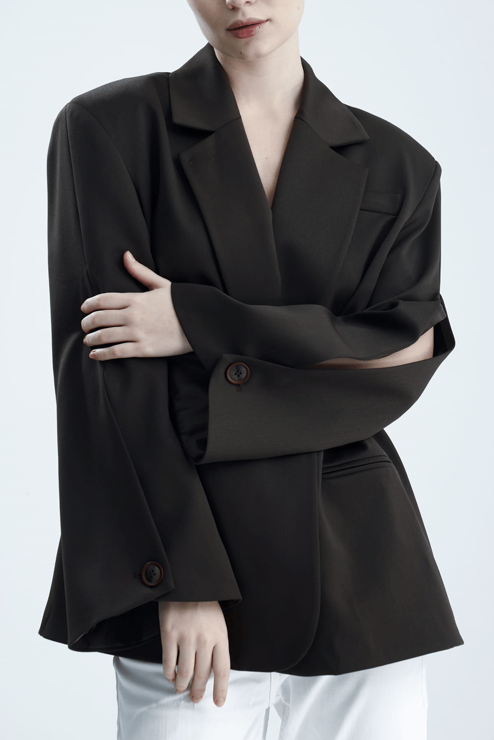 Manarola Oversize Kahverengi  Blazer Ceket - Açık/Kesik Kol Detaylı