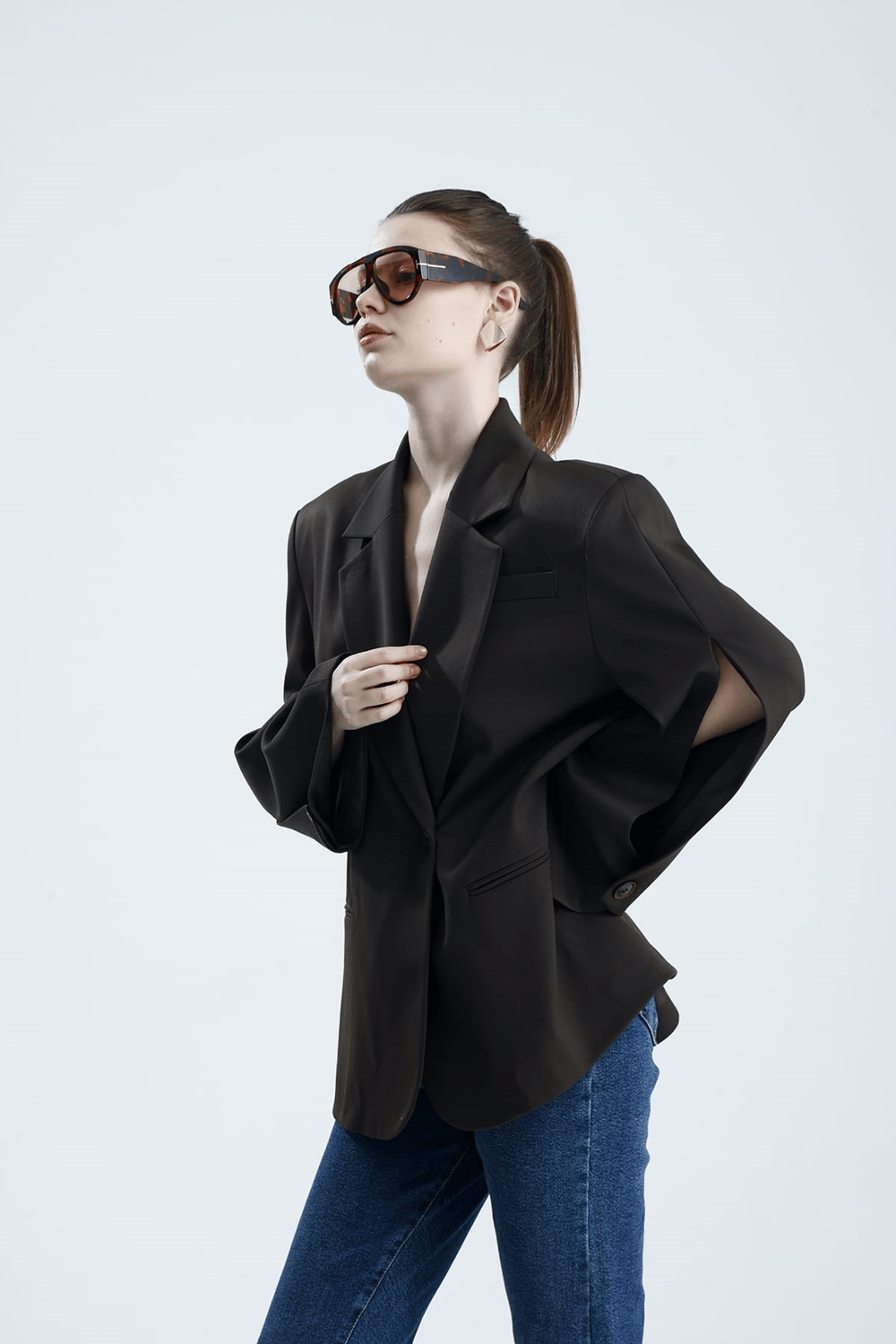 Manarola Oversize Kahverengi  Blazer Ceket - Açık/Kesik Kol Detaylı