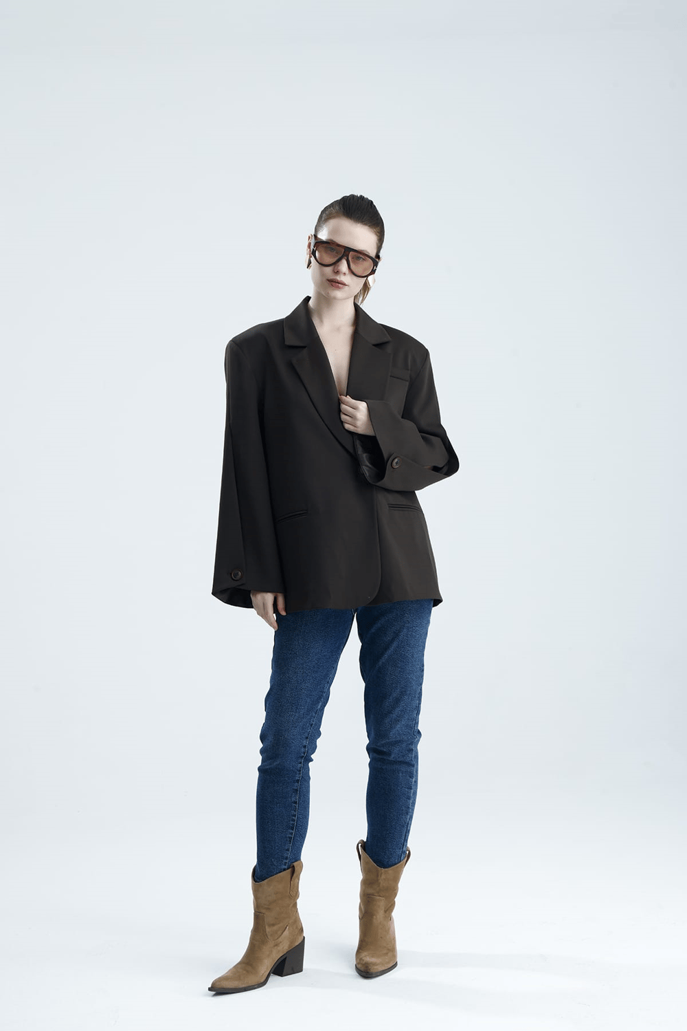 Manarola Oversize Kahverengi  Blazer Ceket - Açık/Kesik Kol Detaylı