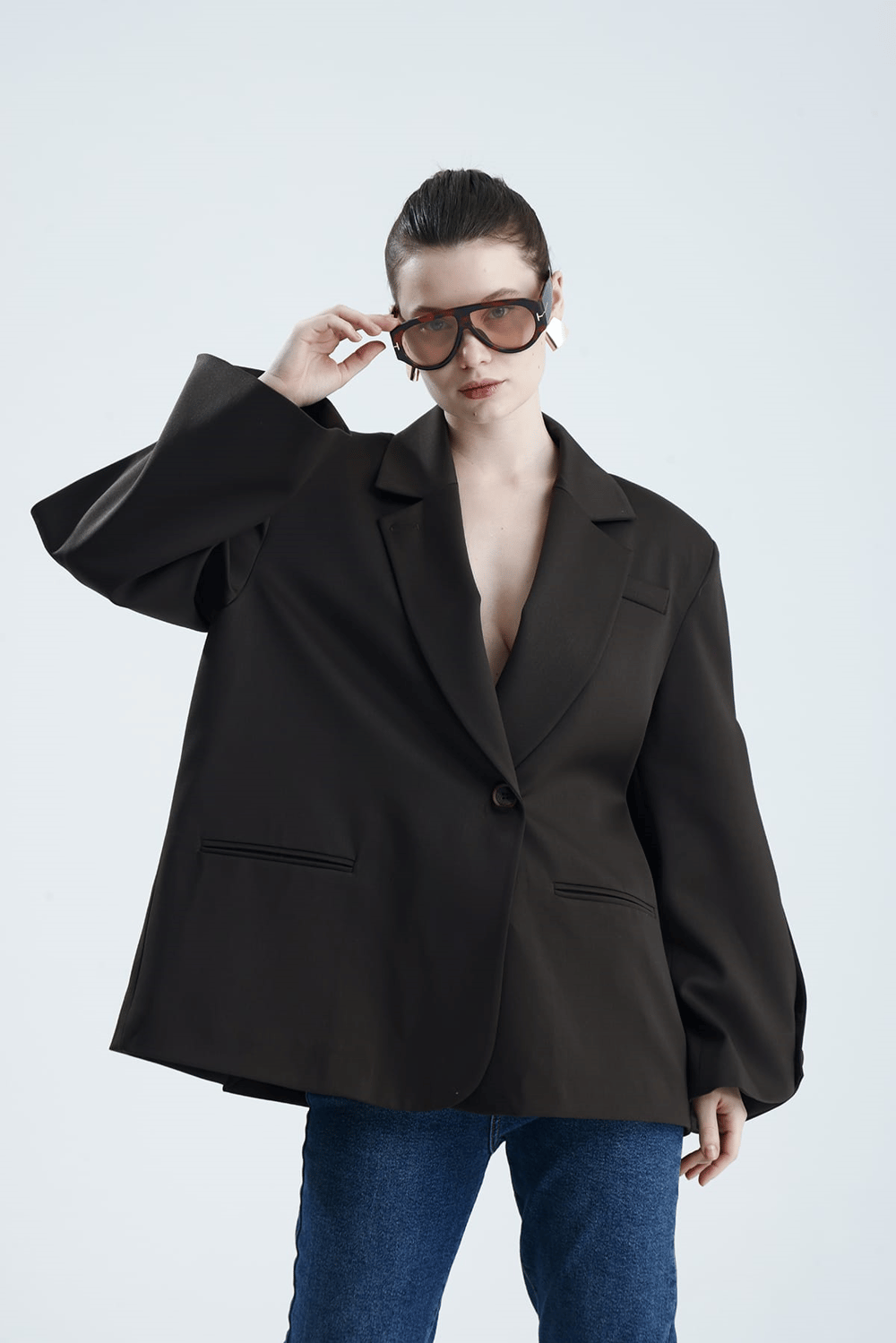 Manarola Oversize Kahverengi  Blazer Ceket - Açık/Kesik Kol Detaylı