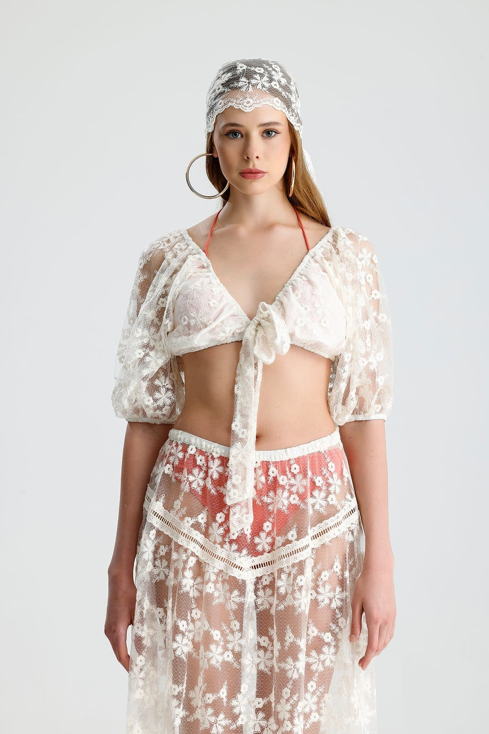 SOLİS Dantel Crop Önden Bağlamalı Ve Bandana Takım