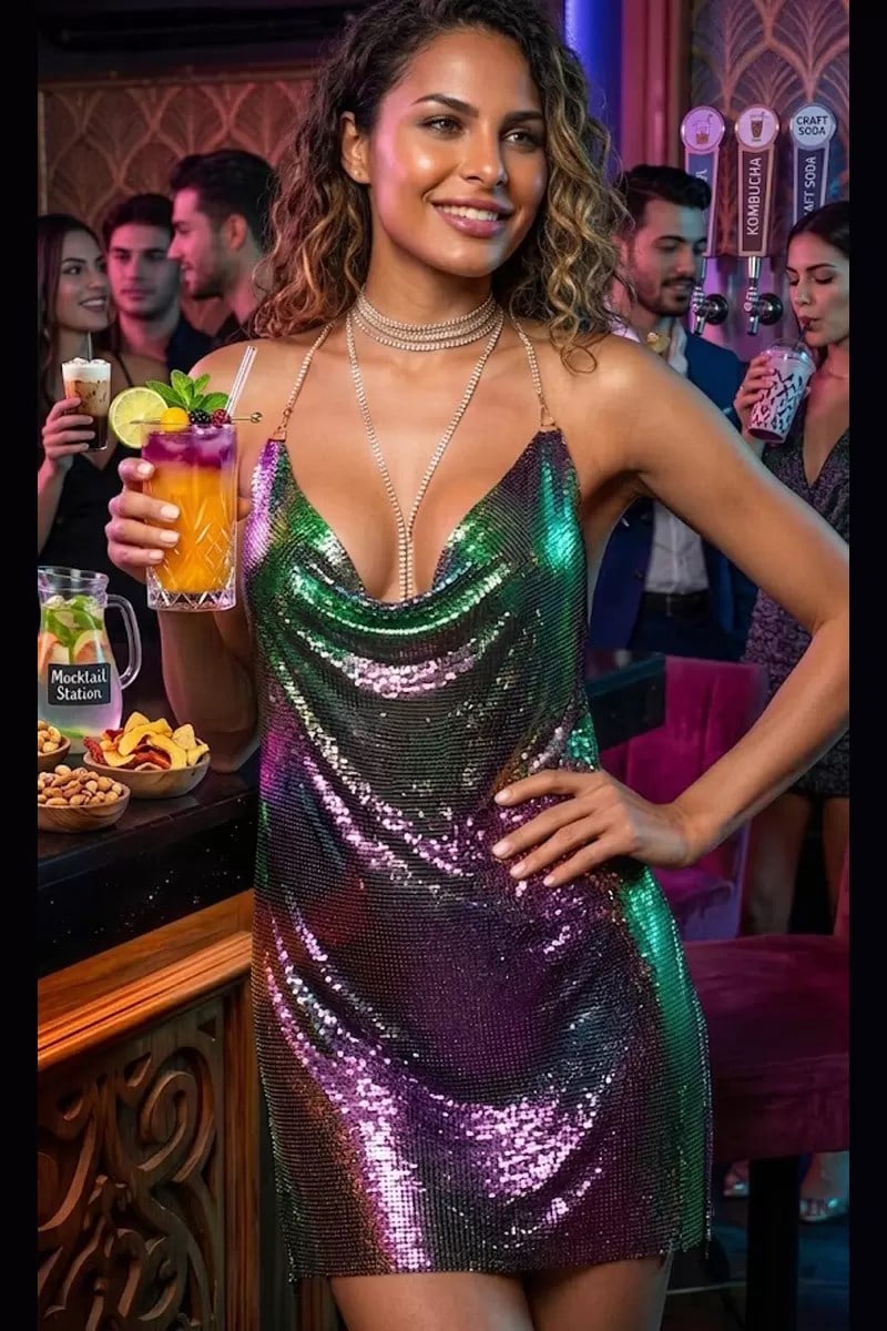 Kadın Renkli Zincir Askılı Parlak Taşlı Gece Elbisesi Sırt Dekolteli Mini Parti Elbisesi Clubwear,Parti Club Elbisesi