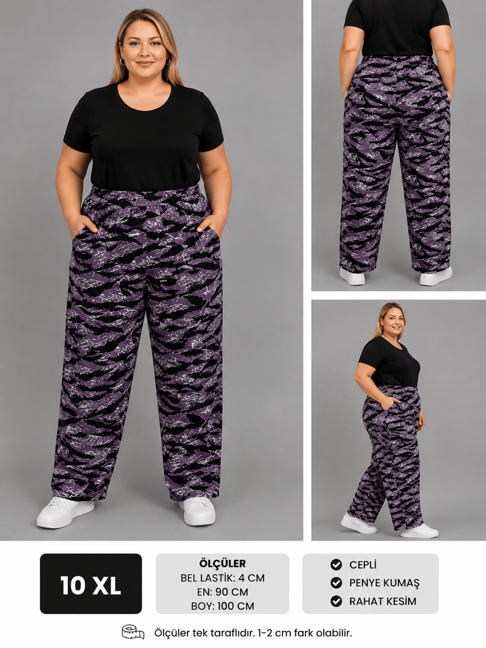 Büyük Beden Cepli Mor Kaplan/Zebra Desenli Penye Pantolon