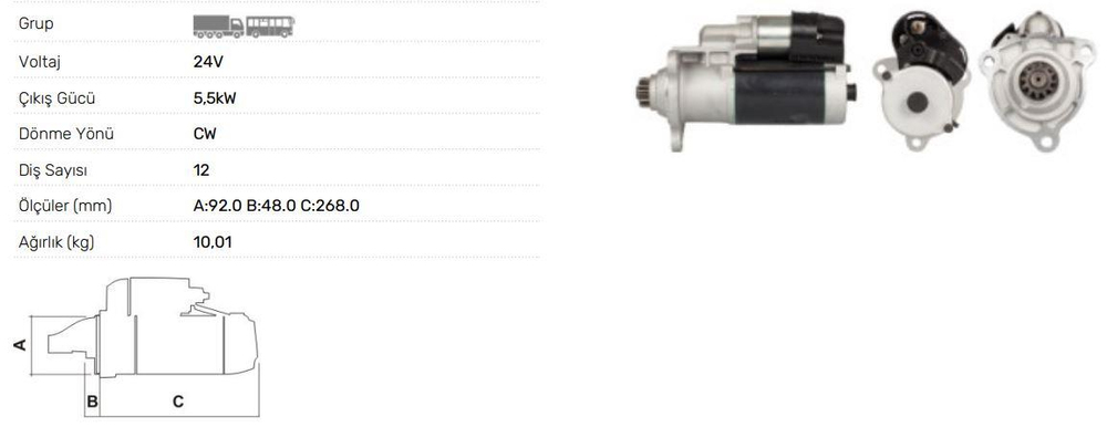 MARŞ MOTORU 24V-5,5kW-12DİŞ SCANIA P230,P270,P310,P340,P380,P420,P470,R230,R270,R310,R340,R420,...