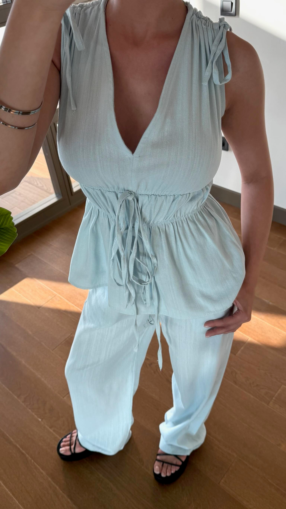Mavi Lastik Detaylı Bluz Pantolon Takım